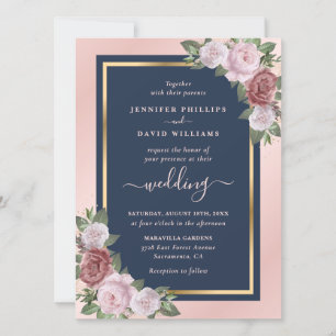 Elegante Hochzeit von Navy Blue Blush Pink Gold Fl Einladung