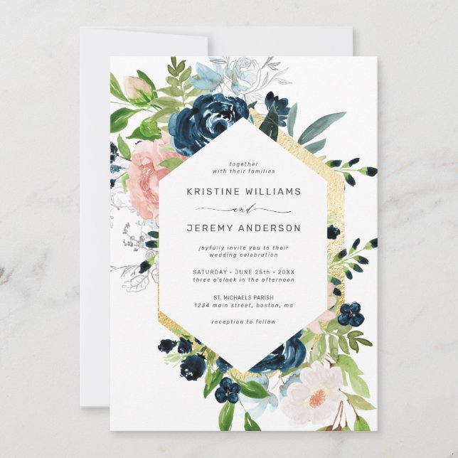 Elegante Hochzeit von Navy Blue Blush Rosa Rose Fl Einladung (Vorderseite)