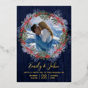 Elegante Hochzeit von Navy Blue & Gold Winter Flor Folieneinladung