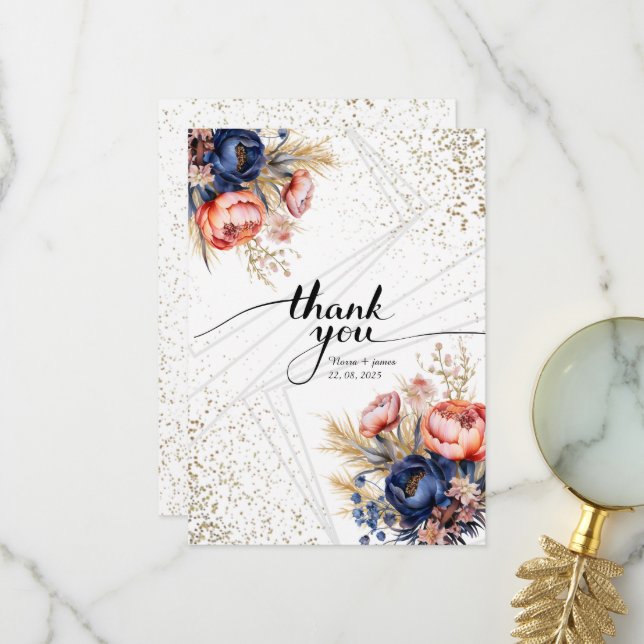 Elegante Hochzeit von Navy Blue Pink Blush Gold Fl Dankeskarte (Vorderseite/Rückseite Beispiel)