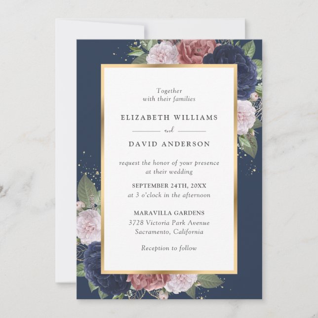 Elegante Hochzeit von Navy Blue und Blush Floral Einladung (Vorderseite)