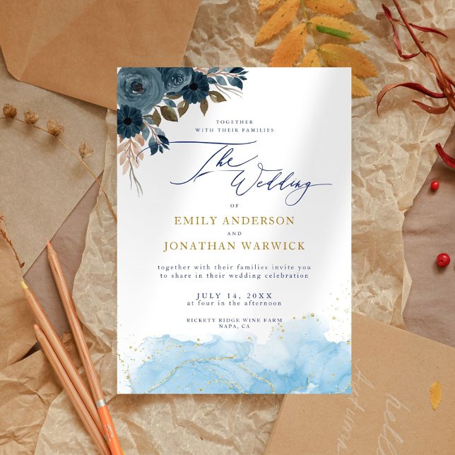 Elegante Hochzeit von Navy Blue und Gold Floral Einladung (Von Creator hochgeladen)