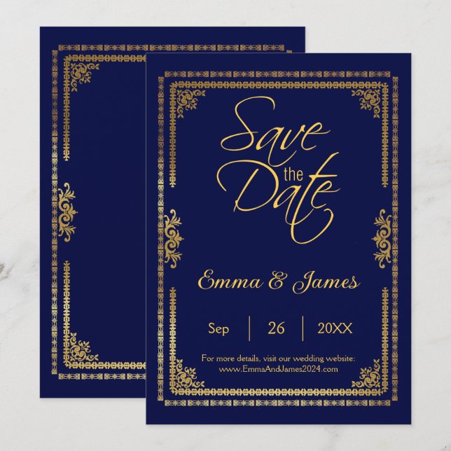 Elegante Hochzeit von Navy Blue und Gold Frame Save The Date (Vorne/Hinten)