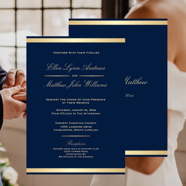 Elegante Hochzeit von Navy Blue und Gold Trim Einladung (Elegant Navy Blue and Gold Trim Wedding Invitation)