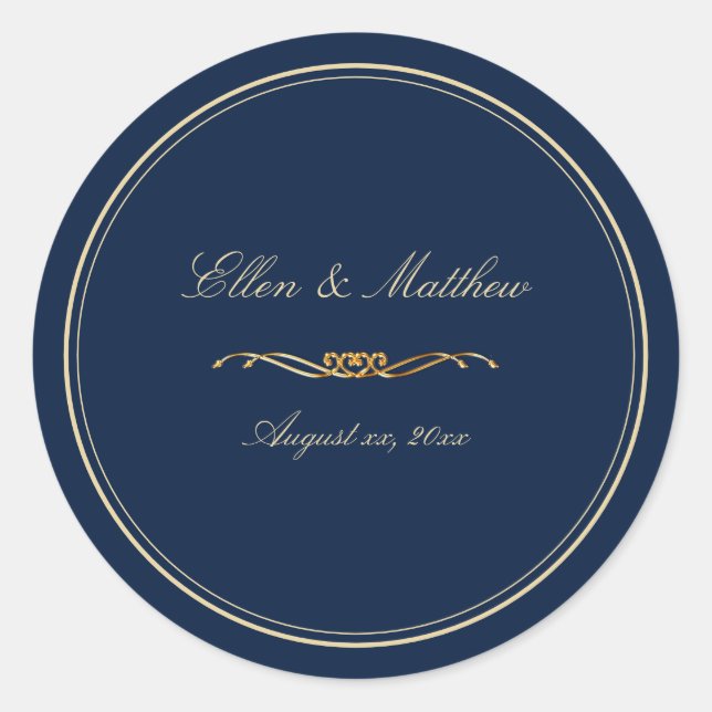 Elegante Hochzeit von Navy Blue und Gold Trim Runder Aufkleber (Vorderseite)