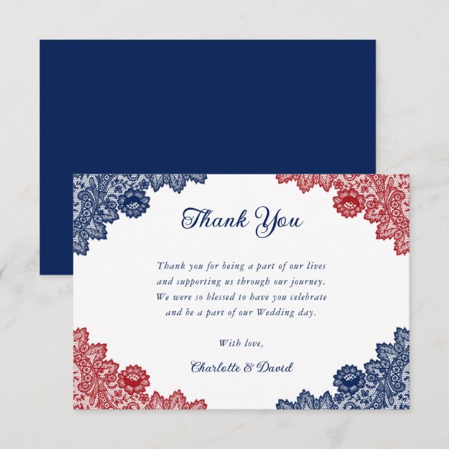 Elegante Hochzeit von Navy Blue und Red Floral Lac Dankeskarte (Vorne/Hinten)