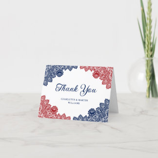 Elegante Hochzeit von Navy Blue und Red Floral Lac Dankeskarte