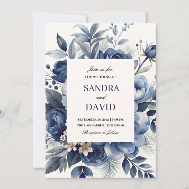 Elegante Hochzeit von Navy Blue und Silver Ivory Einladung (Vorderseite)