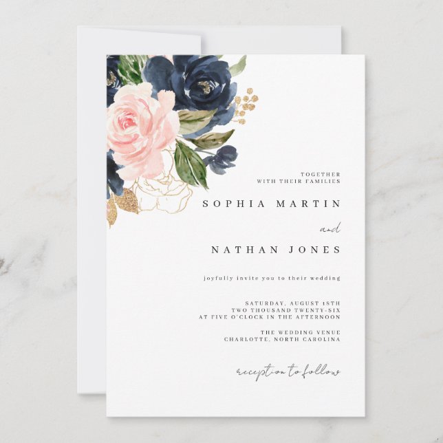 Elegante Hochzeit von Navy Pink Watercolor Einladung (Vorderseite)