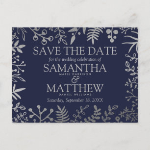 Elegante Hochzeit von Navy und Silver Floral Ankündigungspostkarte