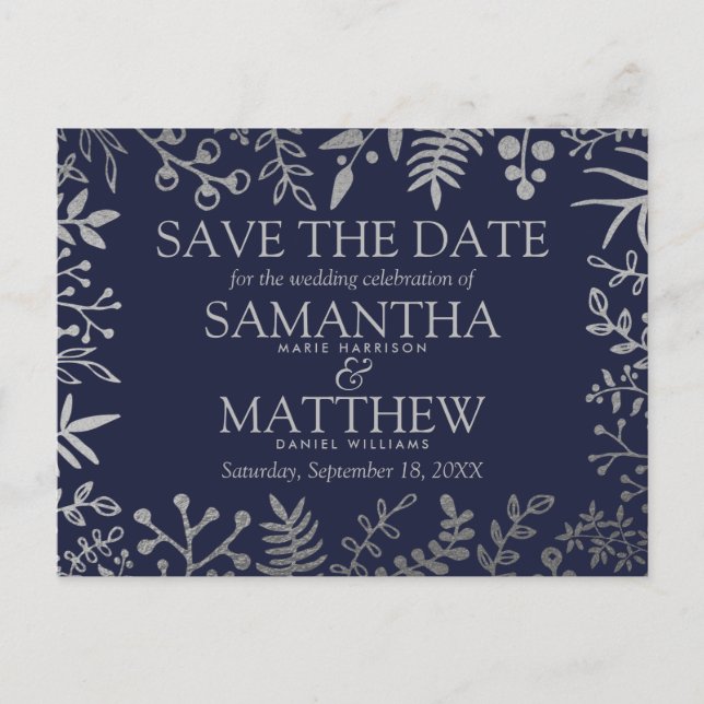 Elegante Hochzeit von Navy und Silver Floral Ankündigungspostkarte (Vorderseite)