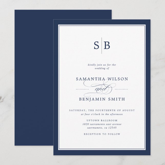 Elegante Hochzeit von Navy und White Monogram Einladung (Vorne/Hinten)