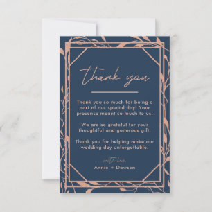 Elegante Hochzeit von Rose Gold & Navy Blues Dankeskarte