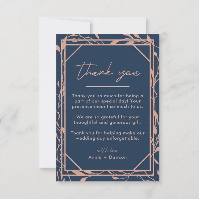 Elegante Hochzeit von Rose Gold & Navy Blues Dankeskarte (Vorderseite)