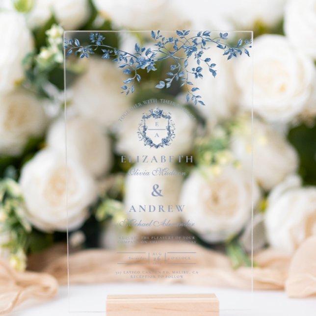 Elegante Hochzeit von Vintag Blue Floral Acrylschild (Von Creator hochgeladen)