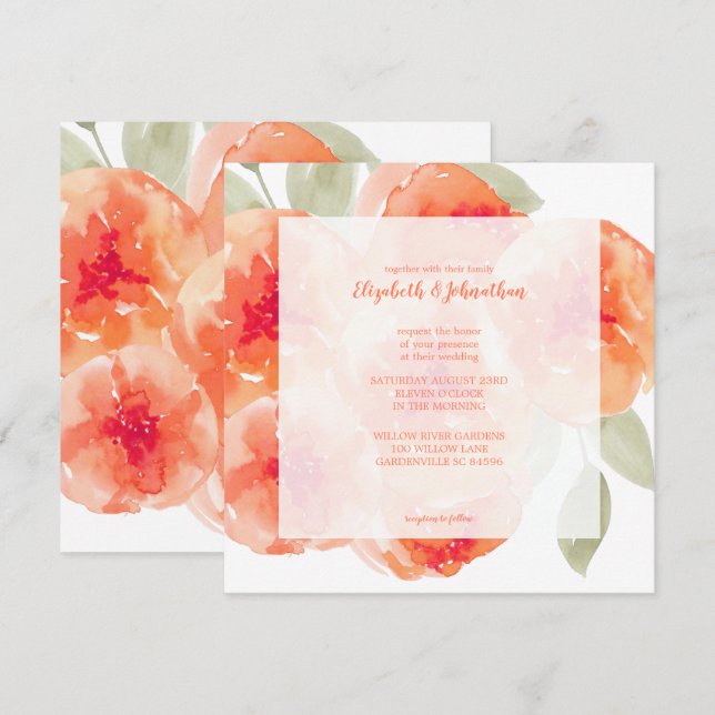 Elegante Hochzeit von Wasserfarben Peach Peonies F Einladung (Vorne/Hinten)