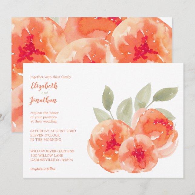 Elegante Hochzeit von Wasserfarben Peach Peonies F Einladung (Vorne/Hinten)