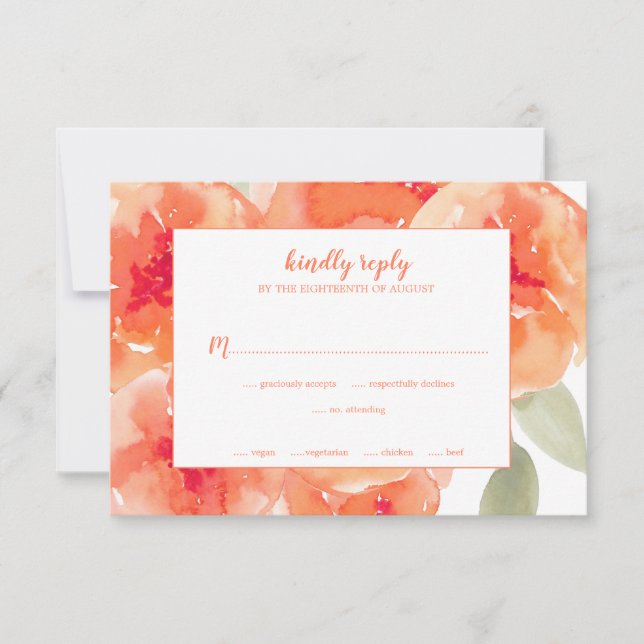 Elegante Hochzeit von Wasserfarben Peach Peonies F RSVP Karte (Vorderseite)