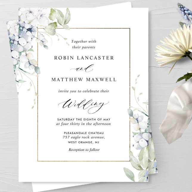 Elegante Hochzeit von Weiß und Blau, Blumen und Gr Einladung (Von Creator hochgeladen)