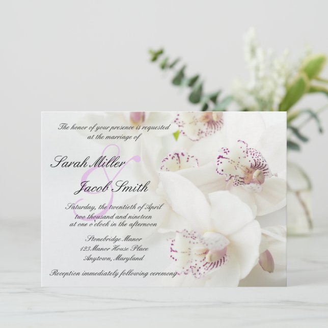 Elegante Hochzeit von Weiß und Lila Orchideen Einladung (Stehend Vorderseite)