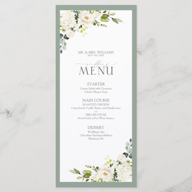 Elegante Hochzeit von White Grey Green Floral Menükarte (Vorderseite)