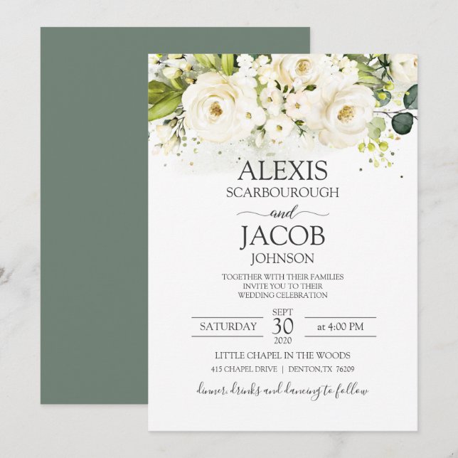 Elegante Hochzeit von White Rose & Gold Einladung (Vorne/Hinten)