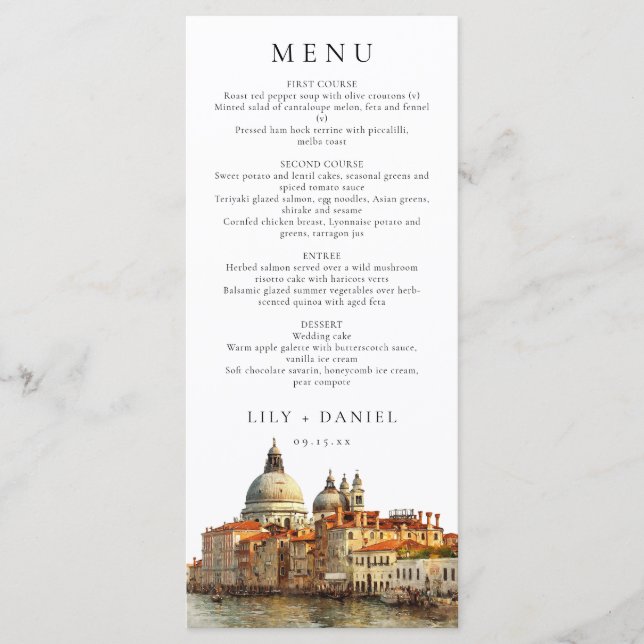 Elegante Hochzeit Wasserfarben Venedig Skyline Menükarte (Vorderseite)