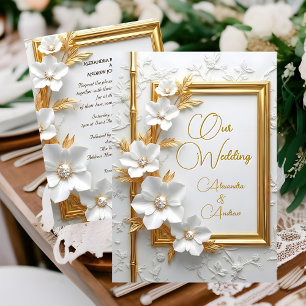 Elegante Hochzeit Weiß geprägte Gold-Diamant-Blume Einladung