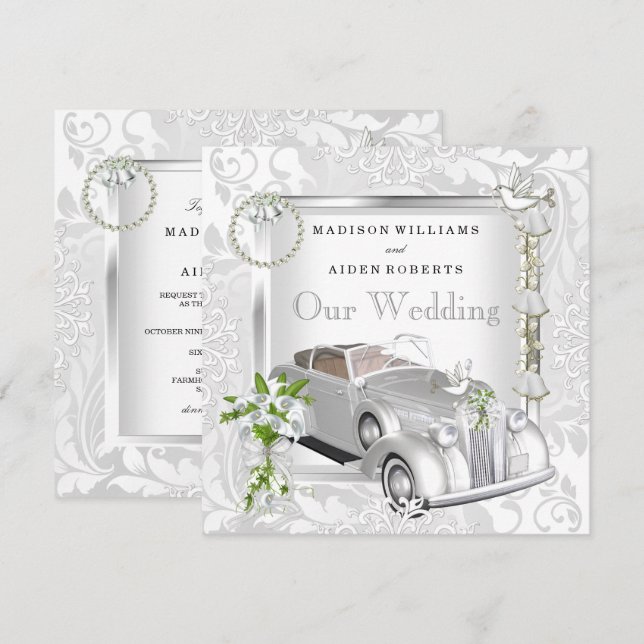 Elegante Hochzeit Weißes Gold Jahrgang Auto Damast Einladung (Vorne/Hinten)