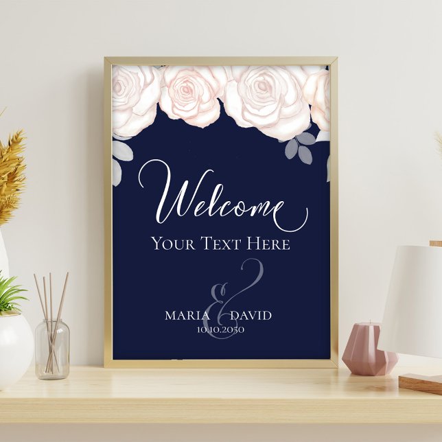 Elegante Hochzeit Willkommen Erstellen Sie Ihre ei Flyer (Navy blue wedding welcome sign with blush roses and elegant script typography.)