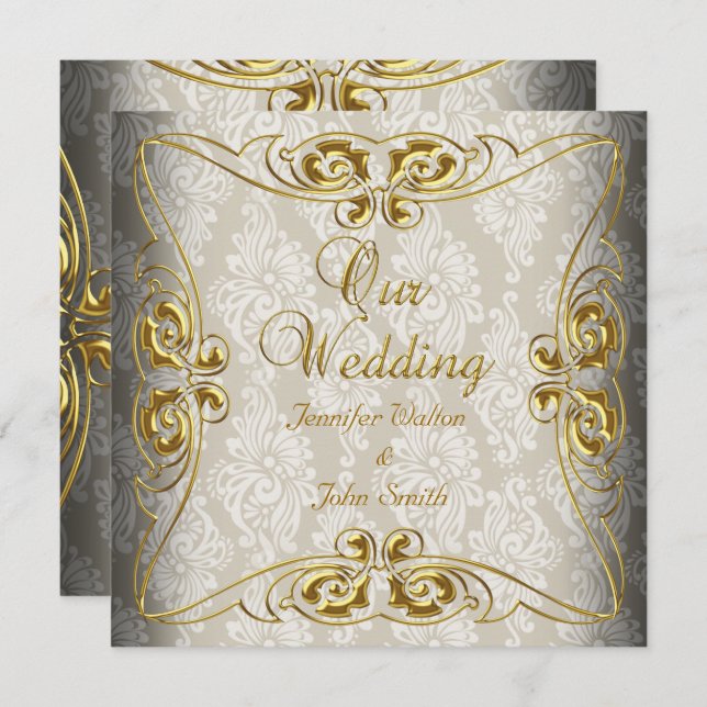 Elegante Hochzeitbeige Gold Damask Einladung (Vorne/Hinten)