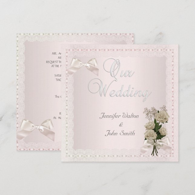 Elegante Hochzeitcreme Pink Lace Bow Rose Einladung (Vorne/Hinten)