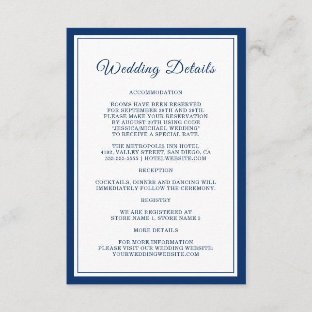 Elegante Hochzeitdetails Begleitkarte (Vorderseite)