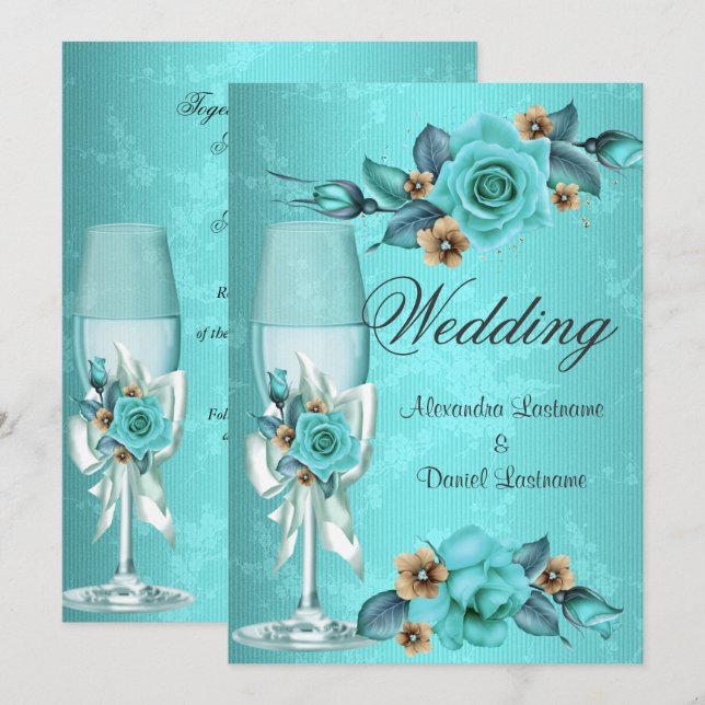 Elegante Hochzeiten Aquamarin Blue Champagne Rose  Einladung (Vorne/Hinten)