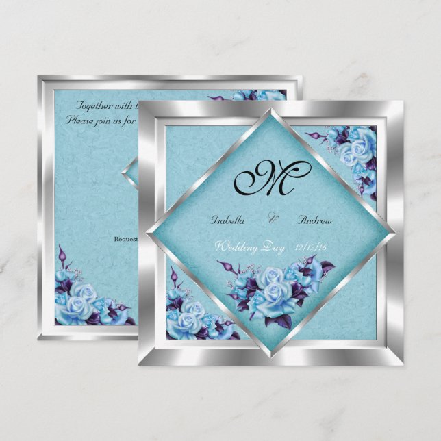 Elegante Hochzeiten Aquamarine Lila Rose Silver Bo Einladung (Vorne/Hinten)
