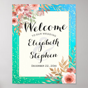Elegante Hochzeiten Begrüßung Rosa Aquamarine Gold Poster