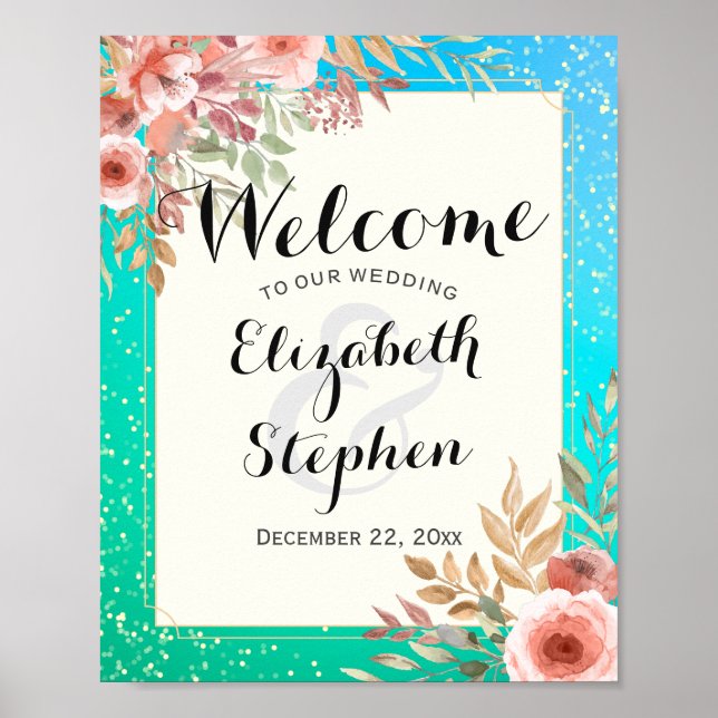 Elegante Hochzeiten Begrüßung Rosa Aquamarine Gold Poster (Vorne)