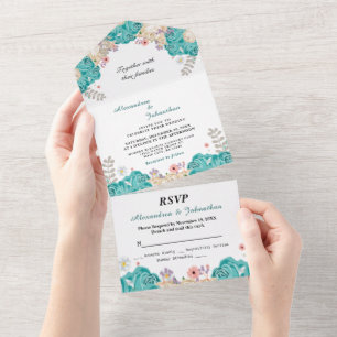 Elegante Hochzeiten Grün-Beige-Rose Blume All In One Einladung