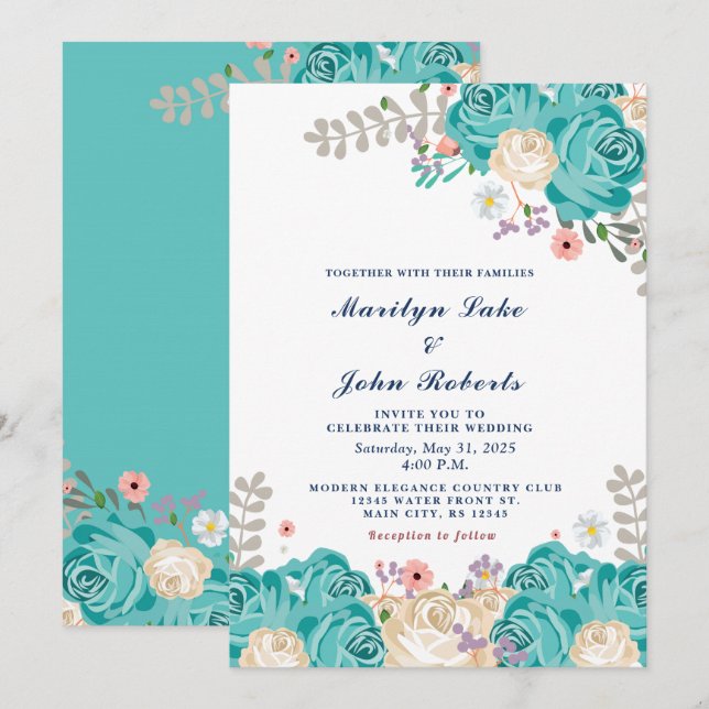 Elegante Hochzeiten Grün-Beige-Rose Blume Einladung (Vorne/Hinten)