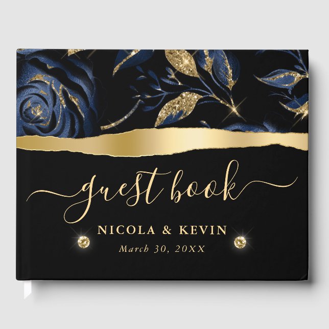 Elegante Hochzeiten in Blue und Gold Rose Gästebuch (Vorderseite)
