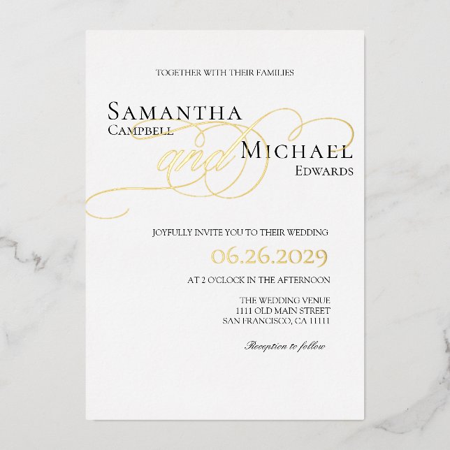 Elegante Hochzeiten in Gold und Weiß Folieneinladung (Vorderseite)