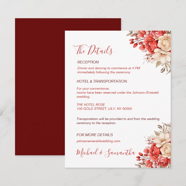 Elegante Hochzeiten in Rot und Elfenbeinküste Begleitkarte (Vorne/Hinten)