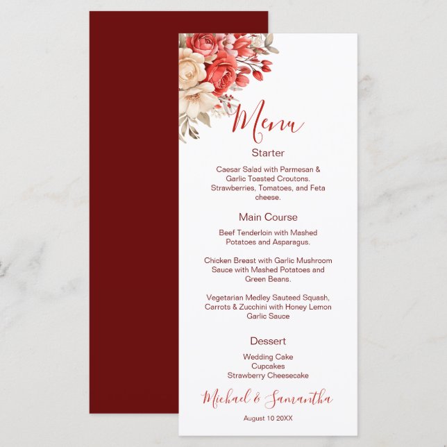 Elegante Hochzeiten in Rot und Elfenbeinküste Menükarte (Vorne/Hinten)