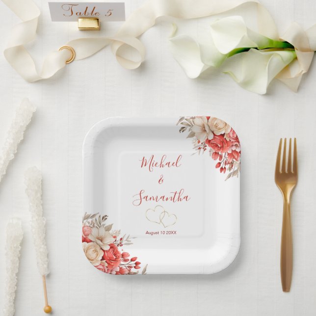 Elegante Hochzeiten in Rot und Elfenbeinküste Pappteller (Hochzeit)
