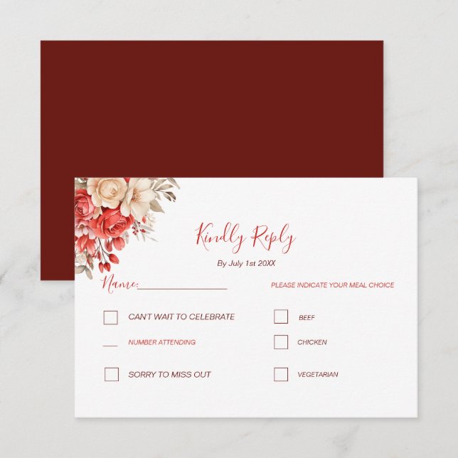Elegante Hochzeiten in Rot und Elfenbeinküste RSVP Karte (Vorne/Hinten)