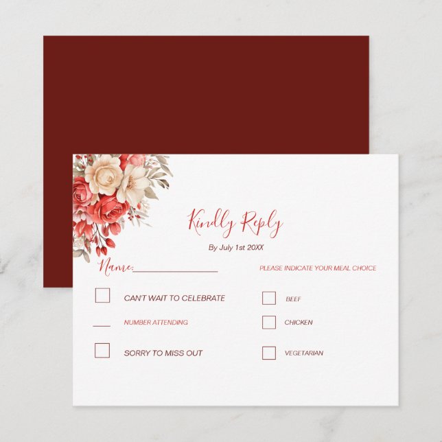 Elegante Hochzeiten in Rot und Elfenbeinküste RSVP Karte (Vorne/Hinten)