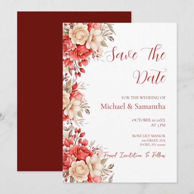 Elegante Hochzeiten in Rot und Elfenbeinküste Save The Date (Vorne/Hinten)