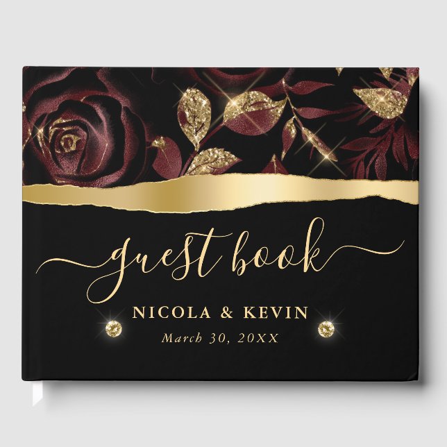Elegante Hochzeiten in Rot und Gold Rose Gästebuch (Vorderseite)