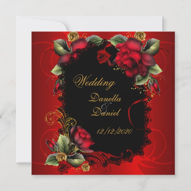 Elegante Hochzeiten Rote Rosen Gold Einladung (Vorderseite)