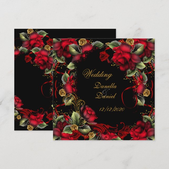 Elegante Hochzeiten Rote Rosen Gold Schwarz Einladung (Vorne/Hinten)